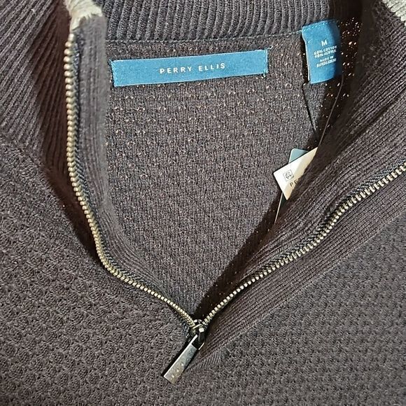 Perry Ellis Black Waffle Knit Long Sleeve Pullover 1/4 Zip Sweater Sz M New - Picture 5 of 14